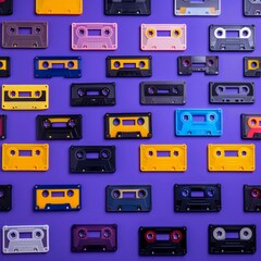 Top view of colorful audio tapes arranged on a purple background, Ai generator
