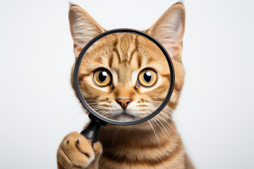 Portrait of a funny redhead cat scottish straight looking through a magnifying glass isolated on a white background, medical theme. 