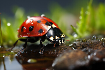 Portrait of a red ladybug on a green leaf in raining day. Macro. Wild life. 