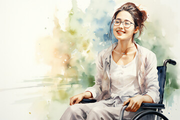 woman in the park. happy woman in glasses sitting in wheelchair widening arms on isolated white background. Illustration. 