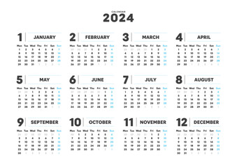 2024年のシンプルな年間カレンダー - 月曜始まり･12ヶ月･1年分の暦 - A判比率
