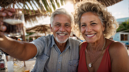 portrait of a mature caucasian spontaneous couple smiling in a restaurant outside on vacation, taking a selfie, concept of enjoyment in old age