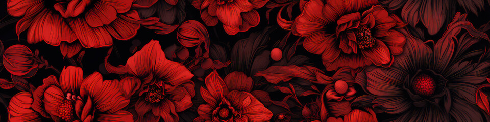 Seamless floral border with red flowers on black background - obrazy, fototapety, plakaty