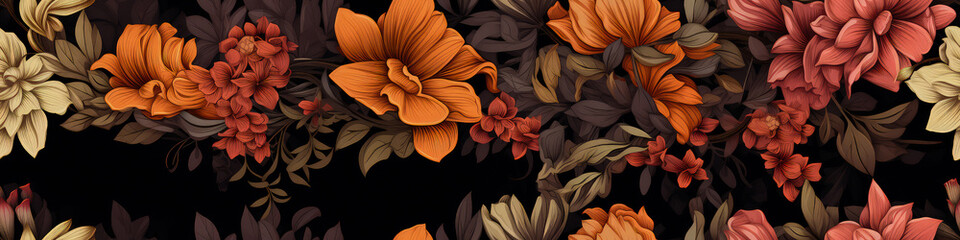 Seamless floral border with red and orange flowers on black background