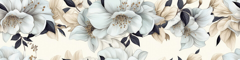 Seamless pattern with hand drawn magnolia flowers. - obrazy, fototapety, plakaty