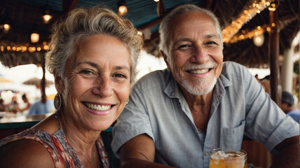 portrait of a mature caucasian spontaneous couple smiling in a restaurant outside on vacation, taking a selfie, concept of enjoyment in old age
