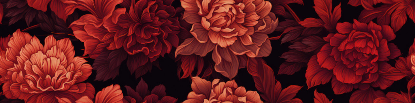 Seamless floral border with red and orange flowers on black background