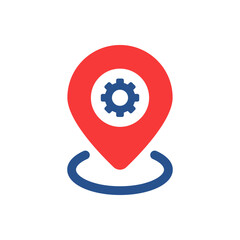 red pin point icon with gear wheel inside