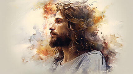 Lord Jesus Christ in a crown of thorns illustration. ai generative - obrazy, fototapety, plakaty