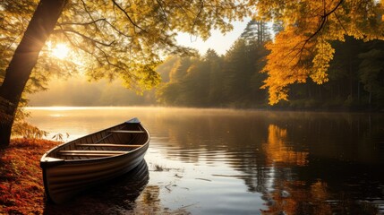 Landscape. A wooden boat floats on a lake surrounded by trees with orange-yellow leaves during sunset. - Powered by Adobe