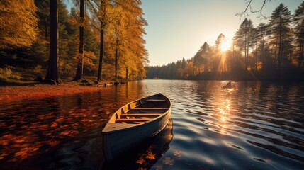 Landscape. A wooden boat floats on a lake surrounded by trees with orange-yellow leaves during...