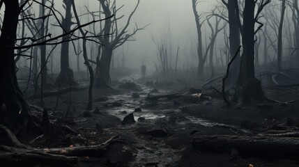 The scene of the Mystical Forest was dry, filled with mist and dark withered trees.