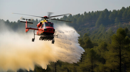 Helicopter distributes extinguishing agents over the fire area in a forest landscape - obrazy, fototapety, plakaty