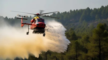 Abwaschbare Fototapete Helicopter distributes extinguishing agents over the fire area in a forest landscape © Irina
