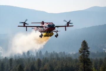 Air support in action to fight forest fires: Airplane distributes fire retardant over forest area - obrazy, fototapety, plakaty