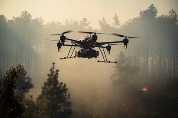 Fototapeta na wymiar Use in the disaster area, a drone explores the condition of the fire areas in the wilderness.