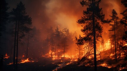 Fototapeta premium Devastating inferno engulfs the forest landscape in a blazing nightly storm