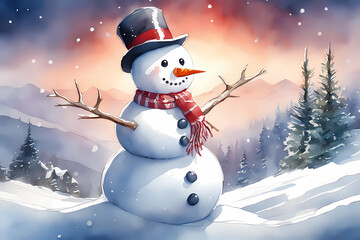 Obraz premium illustration of christmas snowman, happy xmas snowman decor, winter and christmas celebration, beautiful draw of christmas festivity