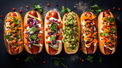 vegan hot dogs with different toppings. view from above. dark background. ai generative