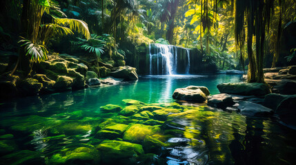A secluded waterfall in a tropical rainforest, the water cascading into a crystal-clear pool.