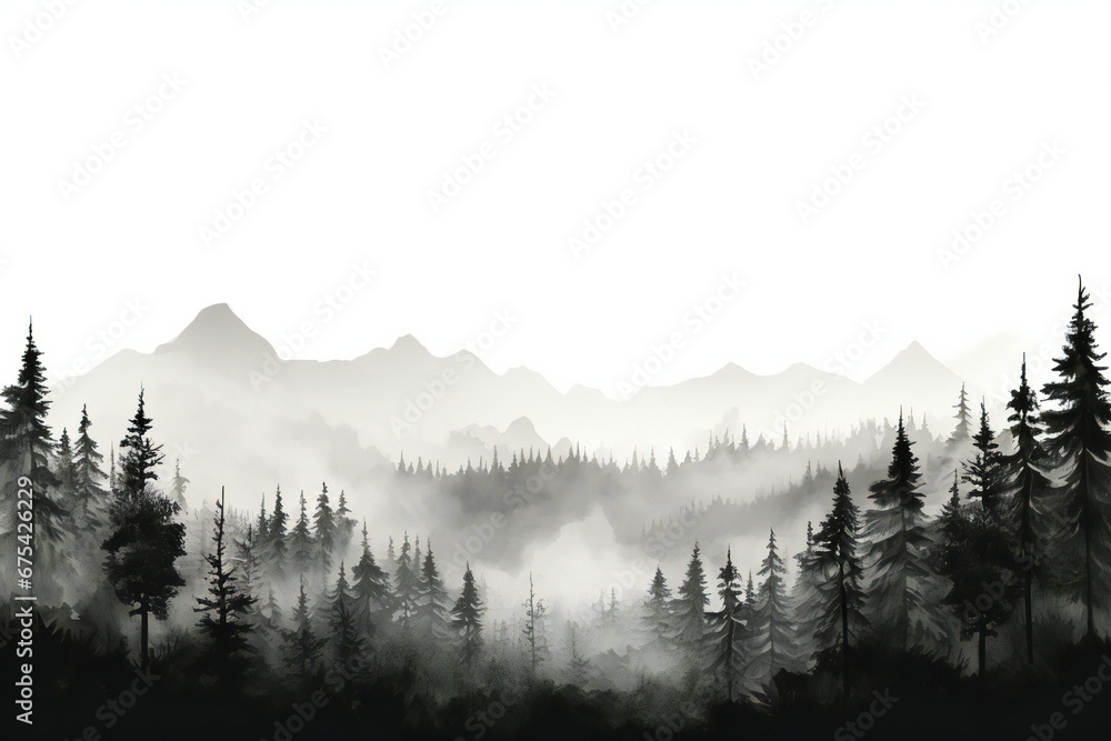 Wall mural sunrise in the forest. canadian rocky mountains. gloomy silhouette of forest thickets, transparent b