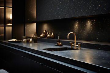 A kitchen sink in a luxurious house made of black terrazzo with gold specks, architectural digest. Interior modern design, black and gold colours. Cozy Bathroom with candles, bouquet of flowers. 