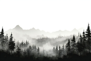 sunrise in the forest. Canadian Rocky Mountains. Gloomy silhouette of forest thickets, transparent background, isolated white background