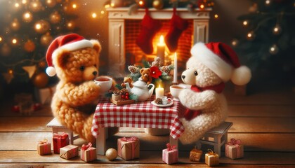 Christmas tea party with teddy bears, warm fireplace in the background
