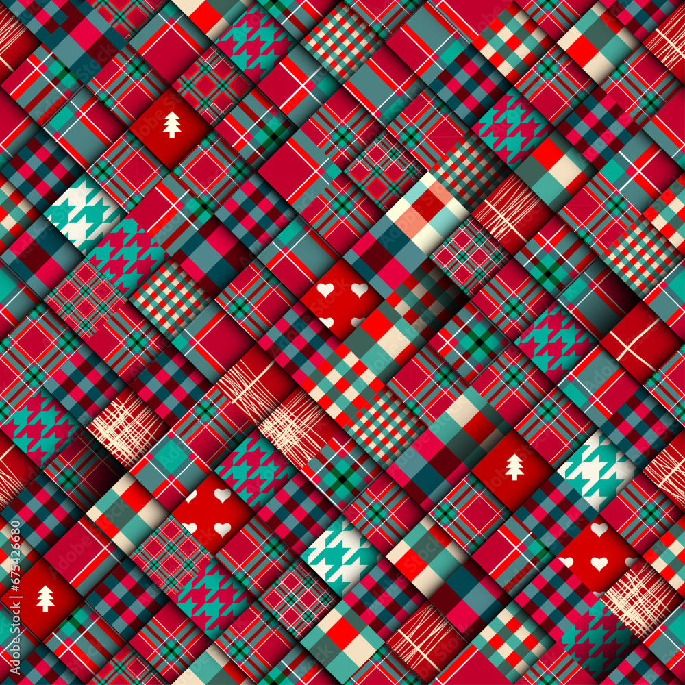 Poster Patchwork textile pattern. Seamless quilting design background. Merry Christmas cozy pattern.