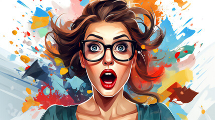 Young surprised woman in eyeglasses with shopping bags in her hands. Shopping, sale concept. People emotions. Black Friday. Illustration poster. 