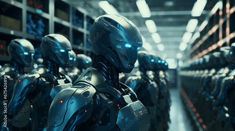 Poster robot production plant. robots of the future stand in a row in a warehouse. ai generative