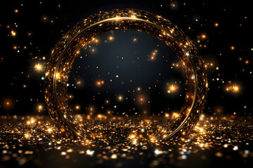 Gold glitter circle of light shine sparkles and golden spark particles in circle frame on black background. Christmas magic stars glow, firework confetti of glittery ring shimmer - obrazy, fototapety, plakaty
