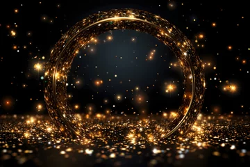 Gold glitter circle of light shine sparkles and golden spark particles in circle frame on black background. Christmas magic stars glow, firework confetti of glittery ring shimmer © fadi