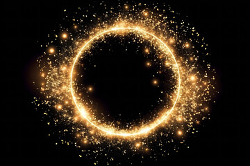 Gold glitter circle of light shine sparkles and golden spark particles in circle frame on black background. Christmas magic stars glow, firework confetti of glittery ring shimmer