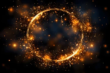 Papier Peint photo Univers Gold glitter circle of light shine sparkles and golden spark particles in circle frame on black background. Christmas magic stars glow, firework confetti of glittery ring shimmer