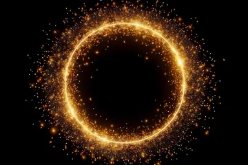 Fotobehang Gold glitter circle of light shine sparkles and golden spark particles in circle frame on black background. Christmas magic stars glow, firework confetti of glittery ring shimmer © fadi