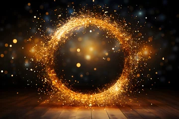 Tuinposter Gold glitter circle of light shine sparkles and golden spark particles in circle frame on black background. Christmas magic stars glow, firework confetti of glittery ring shimmer © fadi