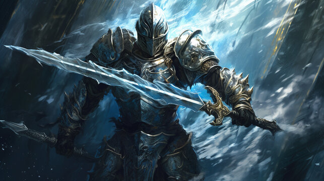 a paladin, holy knight, swinging a massive two-handed broadsword. ai generative