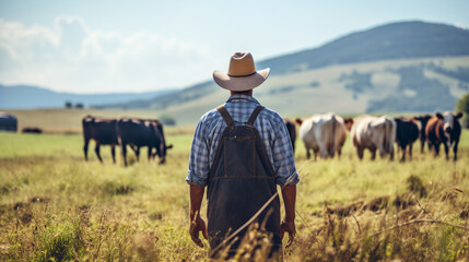 A farmer man in a field with cows. ai generative