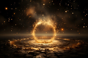 Gold glitter circle of light shine sparkles and golden spark particles in circle frame on black background. Christmas magic stars glow, firework confetti of glittery ring shimmer