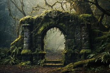 Old abandoned gate Hidden within a forgotten jungle. Old gate with lush vegetation forest. - obrazy, fototapety, plakaty