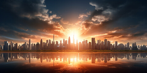 Fototapeta na wymiar a city skyline with the morning sun shining in the middle. ai generative