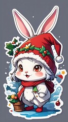 Cute christmas rabbit stickers, cartoon style. Generative AI.