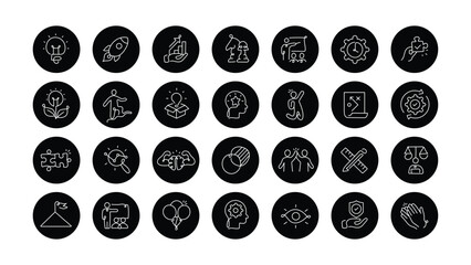 Innovative Team Management Icons. Editable Stroke Vector Icons. This icon set represents creative business solutions for innovative team management.