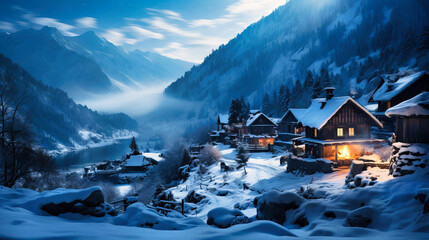 A pristine, snow-covered village nestled in the mountains, smoke curling from the chimneys of the cozy cottages. - obrazy, fototapety, plakaty