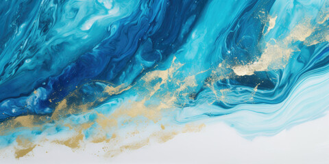 Fototapeta na wymiar Abstract background in the style of smooth liquid formations and waves, oil painting: turquoise, gold and blue colors and waves