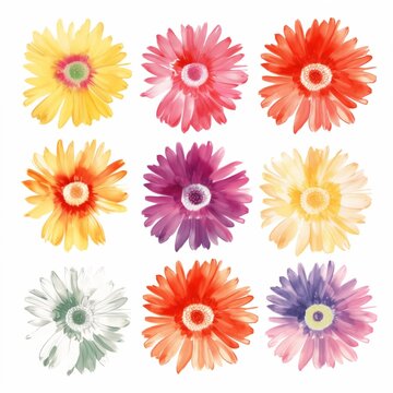 Set of watercolor gerberas flowers on white background clipart