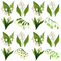 Set of watercolor lily of the valley flowers on white background clipart