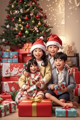 Fototapeta na wymiar Asian very happy kids, Christmas tree, wrapping paper, presents. Generative AI.