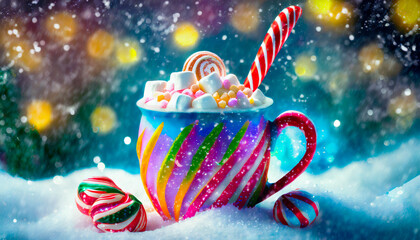 A cup of hot cocoa with marshmallows and a candy cane stirrer